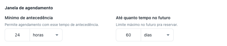 Bloco Janela de agendamento com os campos de antecedência mínima e limite de tempo no futuro