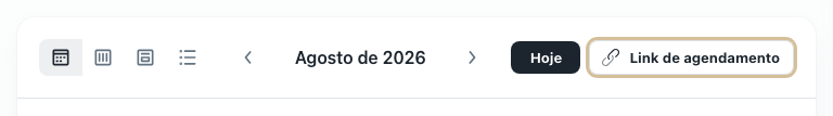 Barra do calendário na Agenda com o botão Link de agendamento em destaque