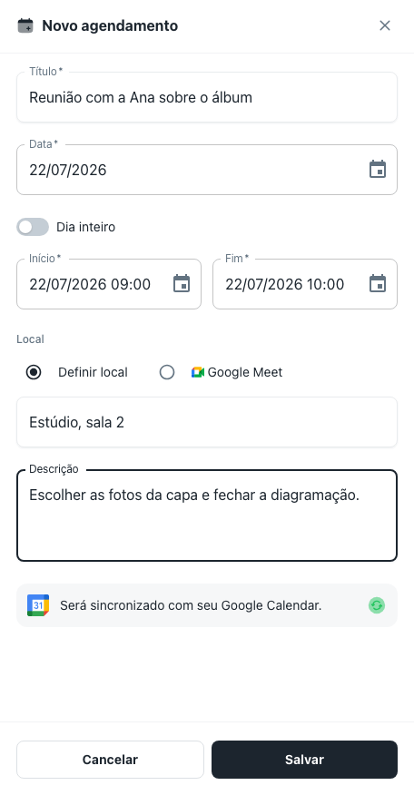 Formulário Novo agendamento preenchido com título, data, horários, local e descrição