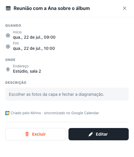 Painel lateral do compromisso, com horário, local, descrição e os botões Excluir e Editar