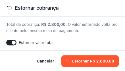 Diálogo de estorno com a chave de valor total ligada