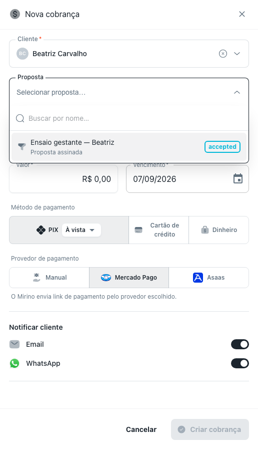 Campo Proposta aberto com as propostas do cliente escolhido