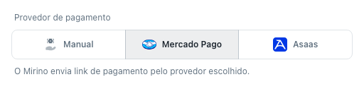 Seletor de provedor de pagamento com Manual e os provedores conectados