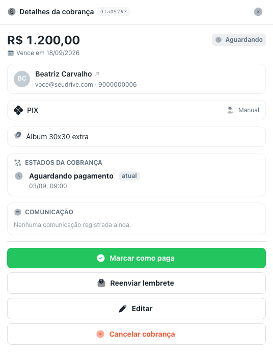 Ações da cobrança manual: marcar como paga, reenviar lembrete, editar e cancelar