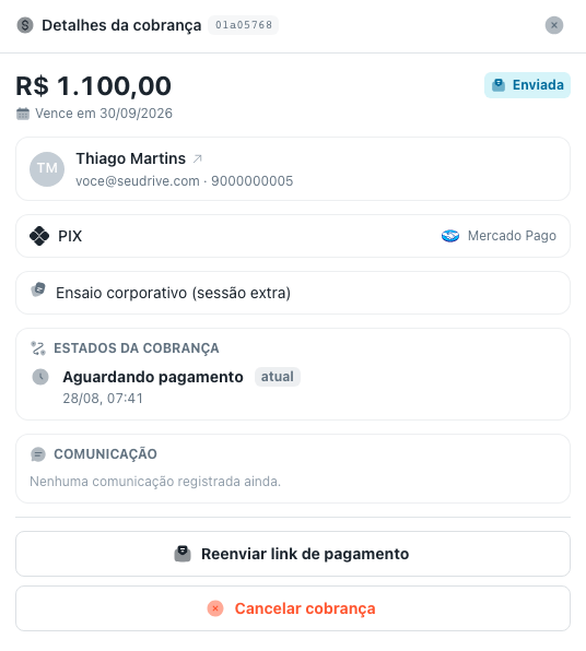 Ações da cobrança no provedor: reenviar link de pagamento e cancelar