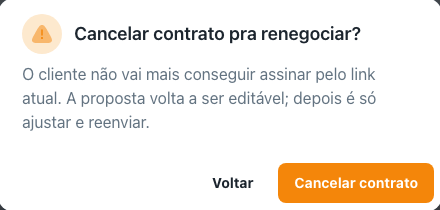 Confirmação "Cancelar contrato pra renegociar?" com os botões Voltar e Cancelar contrato