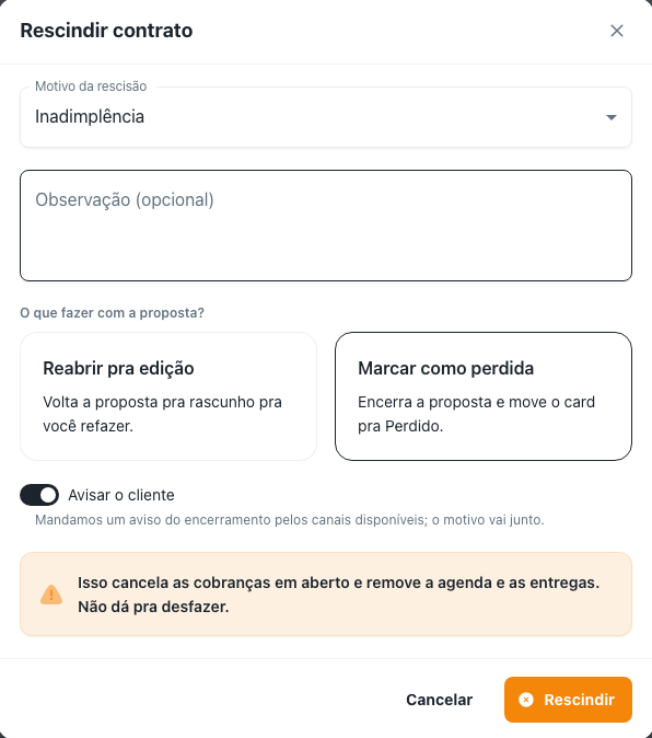 Janela Rescindir contrato com motivo, observação, escolha do destino da proposta e o aviso de que a ação não pode ser desfeita