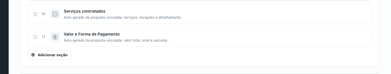 As seções fixas Serviços contratados e Valor e Forma de Pagamento no fim da lista