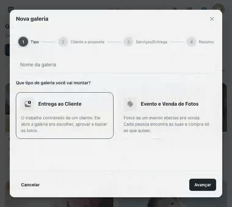 Animação abrindo a nova galeria, preenchendo o nome, avançando pro passo do cliente e clicando no card Galeria avulsa