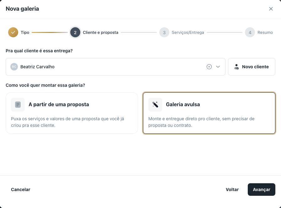 Passo do cliente com o card "Galeria avulsa" escolhido