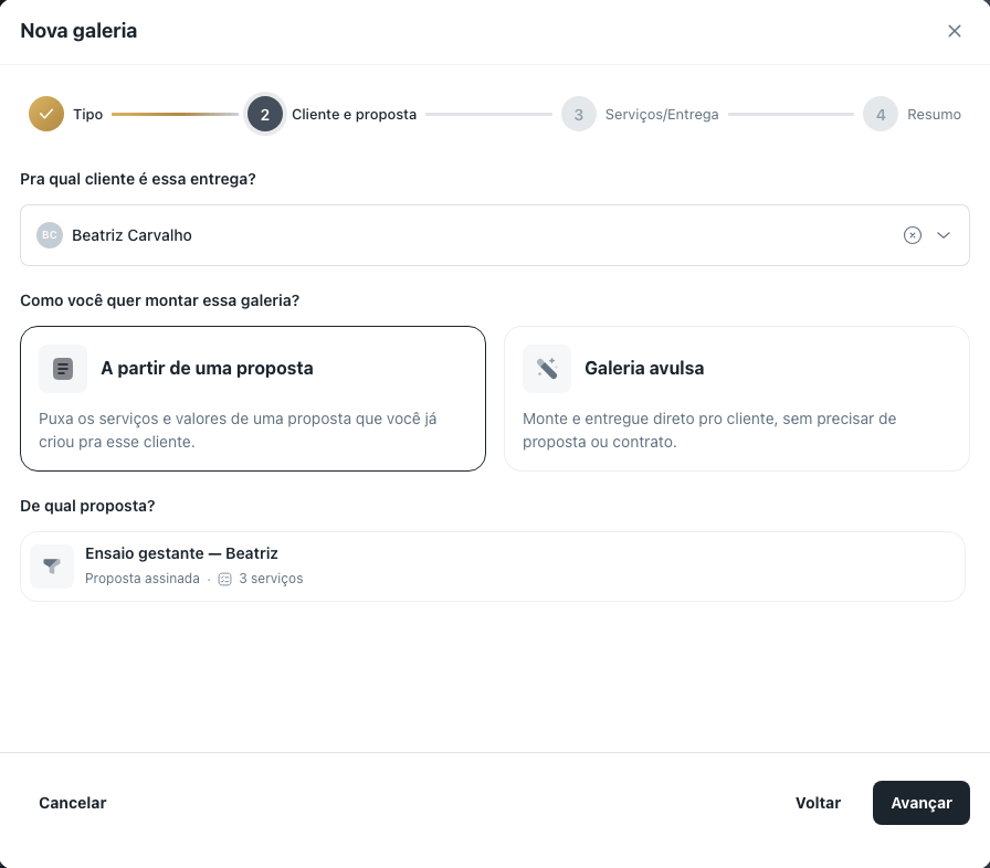 Lista "De qual proposta?" com a proposta do cliente escolhido