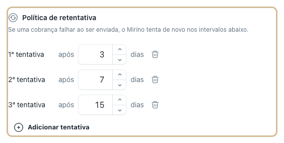 Grupo "Política de retentativa" com três tentativas configuradas