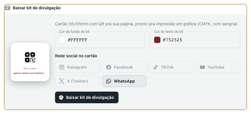 Bloco do kit de divulgação com a miniatura do cartão, os seletores de cor e o botão de baixar