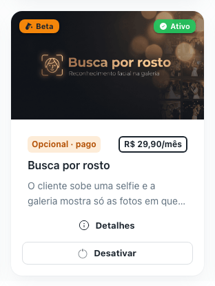 Card de um módulo opcional pago em beta, com a etiqueta de preço e o botão Desativar