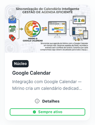 Card de um módulo do núcleo, com a etiqueta Núcleo e o selo Sempre ativo no lugar do botão