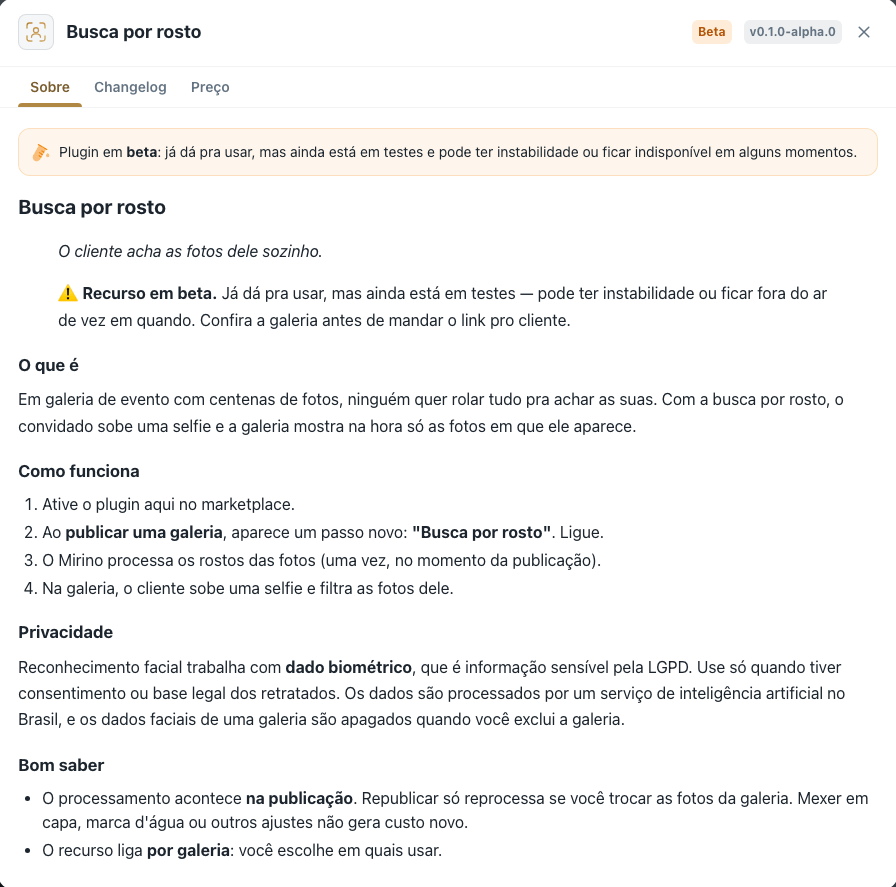 Ficha de um módulo aberta na aba Sobre, com o aviso de beta no topo e a explicação do recurso