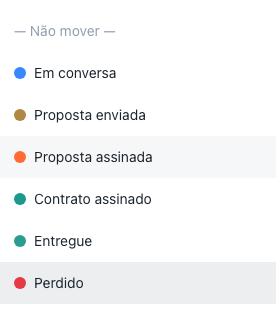 Lista de colunas aberta, com a opção Não mover no topo e as colunas do funil abaixo