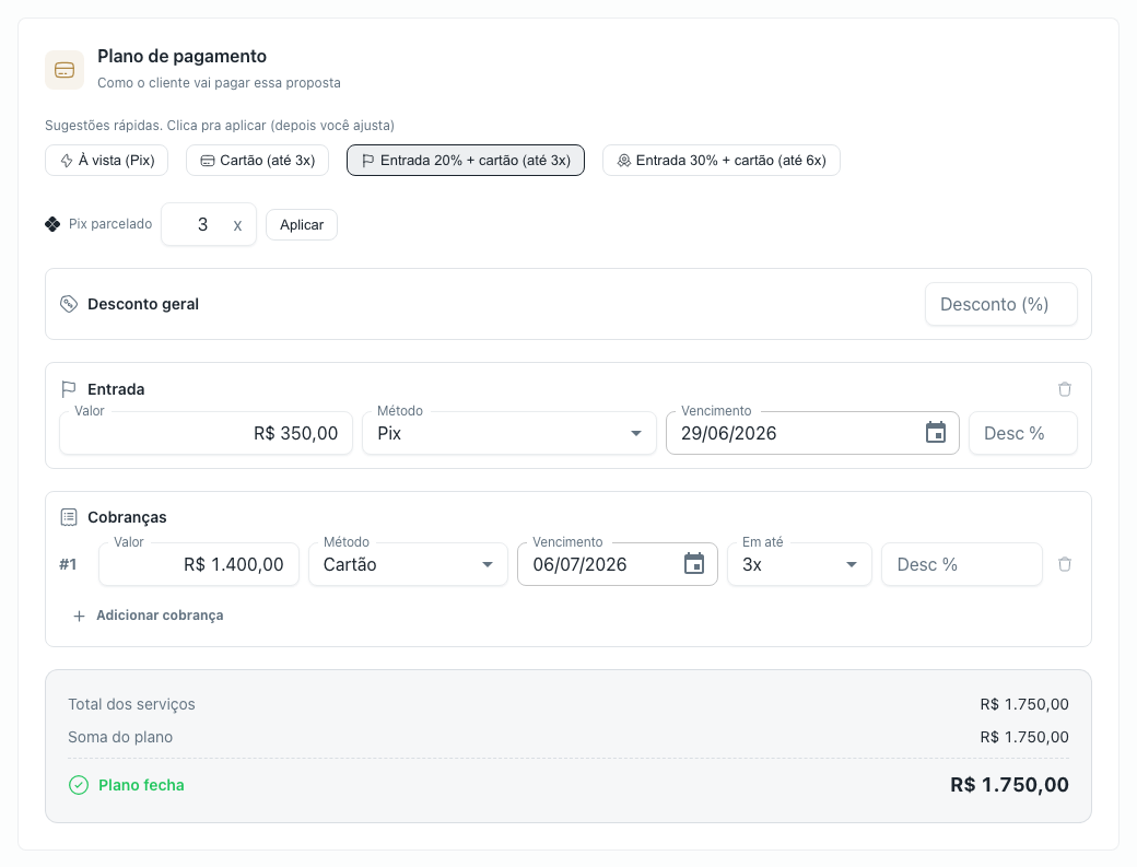 Bloco Plano de pagamento com entrada, uma cobrança no cartão e o selo Plano fecha