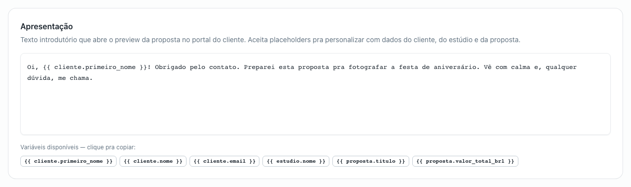 Seção Apresentação com o texto de abertura e os chips de variáveis disponíveis