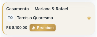 Card de proposta com nome do cliente, coroa de cliente premium, valor e selo Premium