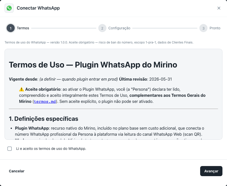 Passo Termos da janela Conectar WhatsApp, com o texto dos termos e a caixa de aceite