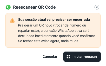 Aviso de reescan explicando que a sessão atual será encerrada, com os botões Cancelar e Iniciar reescan