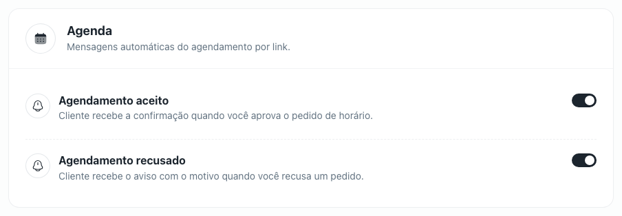 Grupo Agenda das configurações, com os avisos de agendamento aceito e recusado