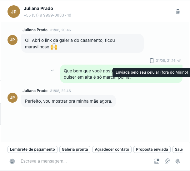 Bolha marcada com o ícone de celular e a explicação Enviada pelo seu celular fora do Mirino