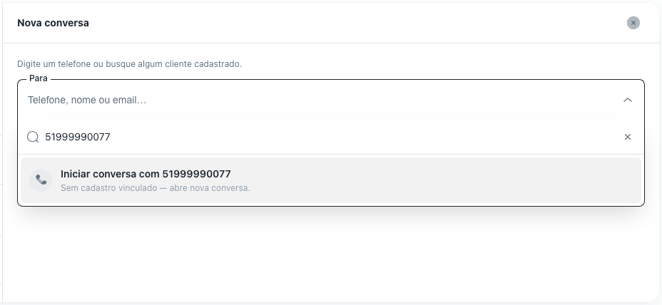 Modo Nova conversa com um telefone digitado e a opção Iniciar conversa com aquele número