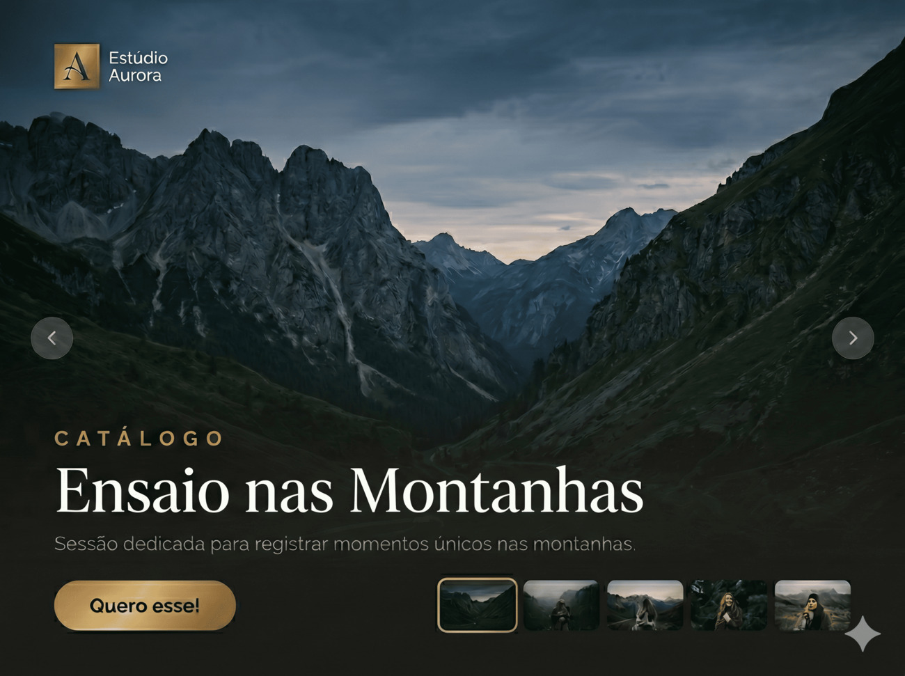 Página de catálogo do Mirino no portal do cliente: hero com foto de paisagem, etiqueta "Catálogo", título "Ensaio Natal 2026", descrição e botão dourado "Quero esse!", com uma tira de miniaturas embaixo — o cliente escolhe e fecha a compra pelo link.