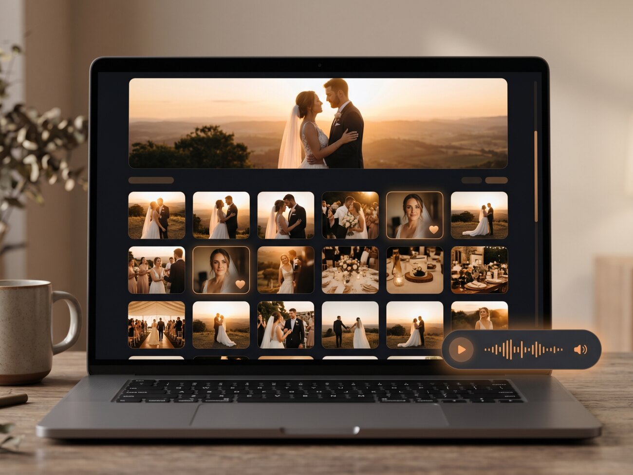 Galeria de entrega do Mirino no computador do cliente: tema escuro cinematográfico, capa com um casal de noivos ao pôr do sol, grade de fotos quentes de casamento com algumas marcadas por um coração bronze (favoritas selecionadas) e um player de música flutuante com onda de áudio dourada no canto.