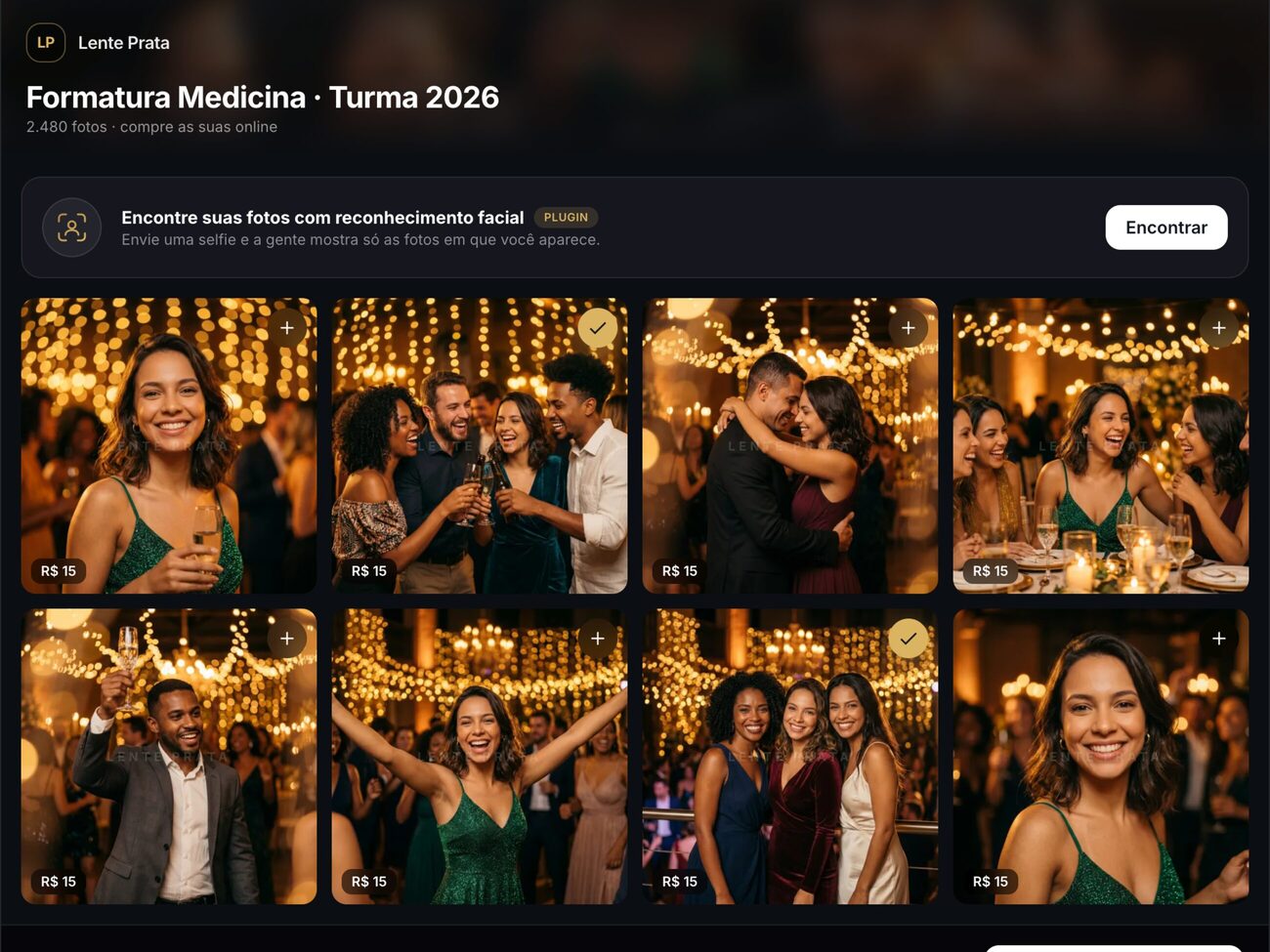 Galeria de eventos do Mirino: vitrine escura com a marca do estúdio "Lente Prata", título "Formatura Medicina · Turma 2026", uma barra de busca por reconhecimento facial (plugin opcional) e uma grade de fotos da festa, cada uma com etiqueta de preço e botão de carrinho.